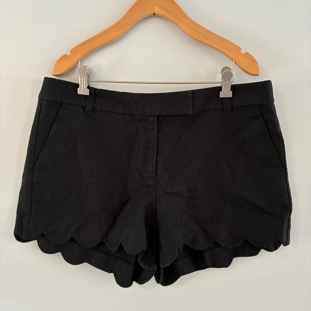 J.Crew Shorts Wom 12 Black Scalloped Hem Linen Cotton Mid Rise Preppy Nautical